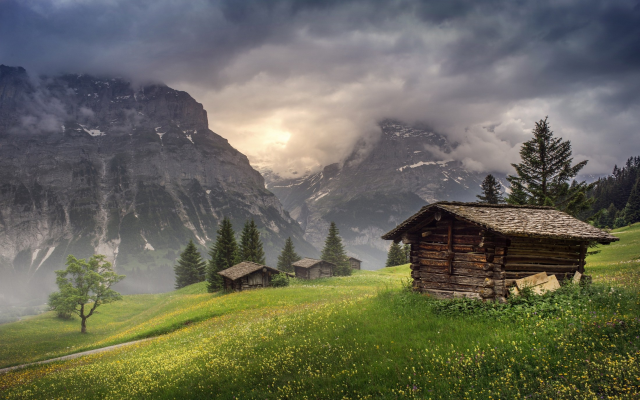 2200x1375 pix. Wallpaper Switzerland, Grindelwald, nature, landscape, mountain, huts, clouds, trees, grass, sunrise