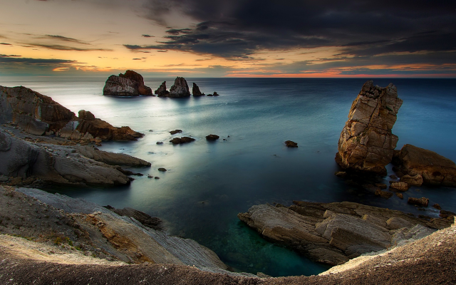 2500x1563 pix. Wallpaper nature, landscape, sunset, sea, coast, rock, clouds, blue, sky, water, Spain