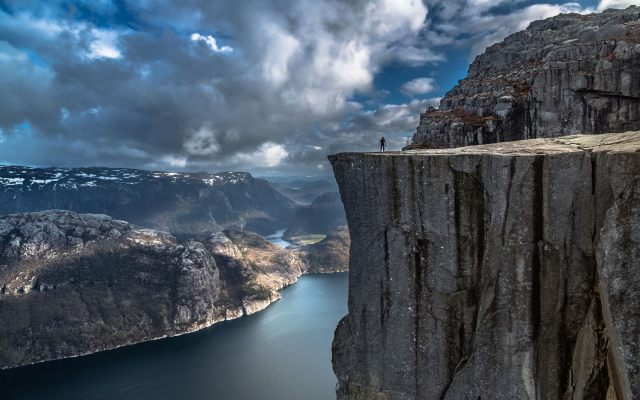 2200x1375 pix. Wallpaper Norway, Preikestolen, nature, landscape, fjord, alone, cliff, mountain, sea, rock