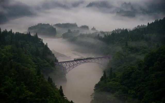 1920x1200 pix. Wallpaper landscape, nature, mist, morning, train, bridge, forest, mountain, trees