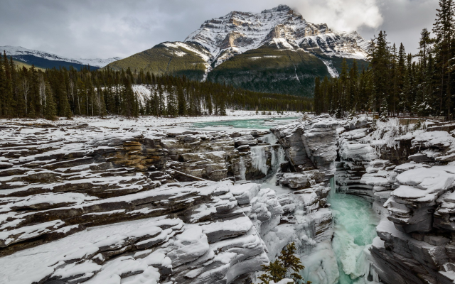 2047x1330 pix. Wallpaper Athabasca Falls, landscape, mountains, winter, snow, rocks, jasper, alberta, canada