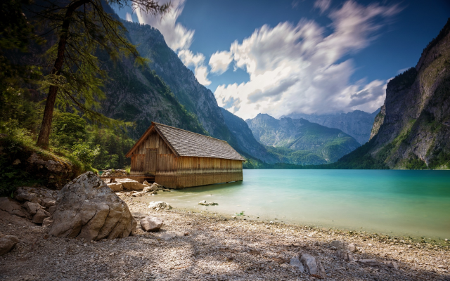2200x1375 pix. Wallpaper landscape, nature, boathouses, lake, summer, mountain, Alps, clouds, trees, beach