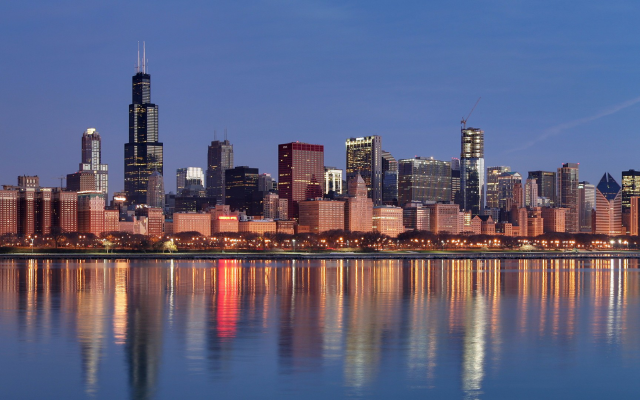 3840x1080 pix. Wallpaper Chicago, Illinois, USA, city, skyscraper, multiple display, reflection