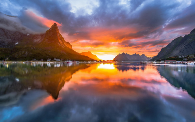 1920x1200 pix. Wallpaper landscape, nature, midnight, Sun, sky, Norway, summer, fjord, village, mountain, island, clouds, sea