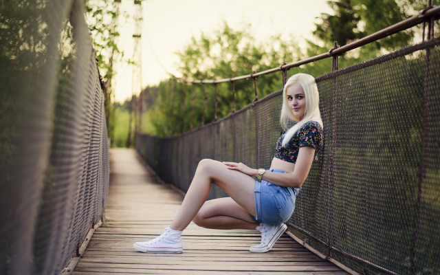 2048x1345 pix. Wallpaper women, blonde, shoes, jean shorts, smiling, bridge, legs