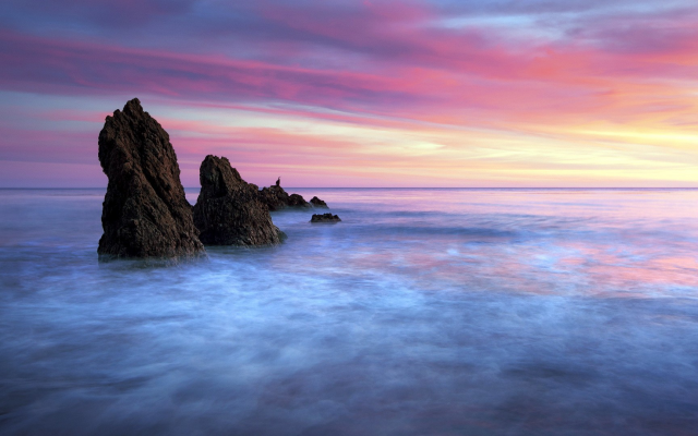 1920x1080 pix. Wallpaper nature, landscape, rock, water, sea, clouds, horizon, sunset, long exposure