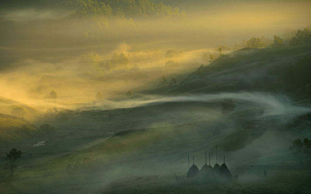 2500x1563 pix. Wallpaper Romania, hill, nature, landscape, sunrise, mist, forest, sunlight, field, trees, valley