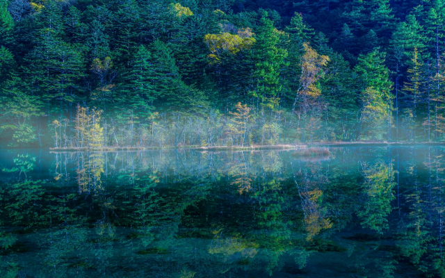 2500x1563 pix. Wallpaper mist, nature, landscape, lake, reflection, forest, water, morning, Japan, tree