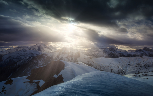 2200x1375 pix. Wallpaper sunset, Dolomites, mountains, Italy, alps, summit, snow, sun rays, landscape, mountain