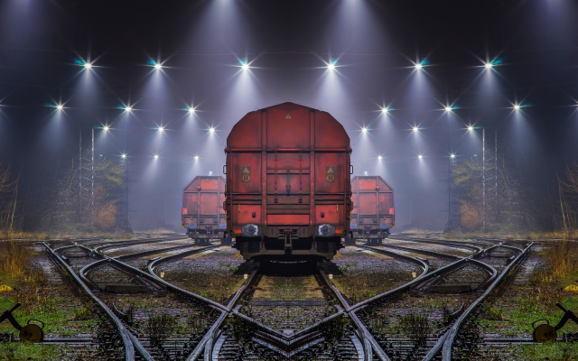 2200x1375 pix. Wallpaper landscape, train, railway, night, lights, rails