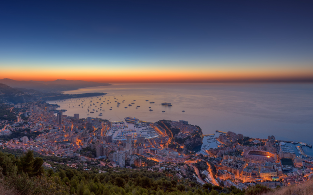 3840x2160 pix. Wallpaper Monaco, sunset, sea, horizon, city