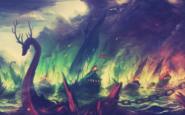 1920x1200 pix. Wallpaper Game of Thrones, Blackwater, fire, fantasy art, boat, ship, colorful