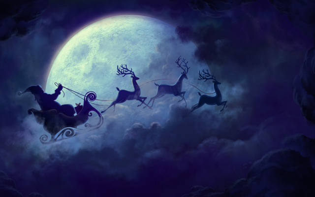 6000x3375 pix. Wallpaper Christmas, Santa Claus, reindeer, moon, clouds