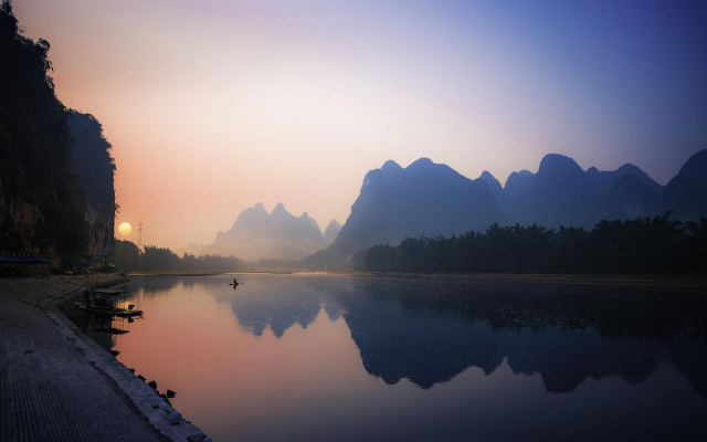 1920x1200 pix. Wallpaper China, nature, landscape, reflection, river, mountains, sunrise, mist, boat, water, calm