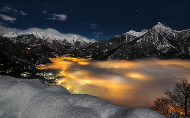 1920x1200 pix. Wallpaper Alps, mountains, snow, Italy, lights, stars, clouds, nature, landscape, evening