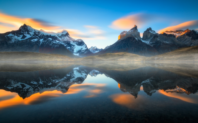 1920x1080 pix. Wallpaper Torres del Paine, Chile, nature, mist, landscape, sunset, mountains, lake, reflections, snowy peaks