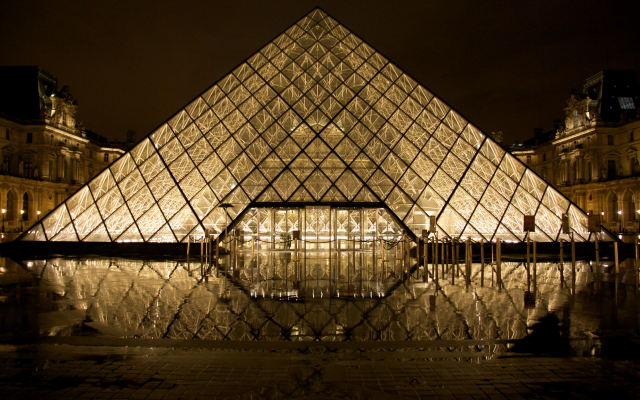 5616x3744 pix. Wallpaper Louvre, Paris, pyramid, Fance, city, night