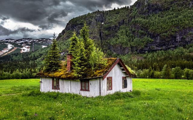 2100x1315 pix. Wallpaper Norway, landscape, nature, summer, abandoned, grass, mountains, house, trees