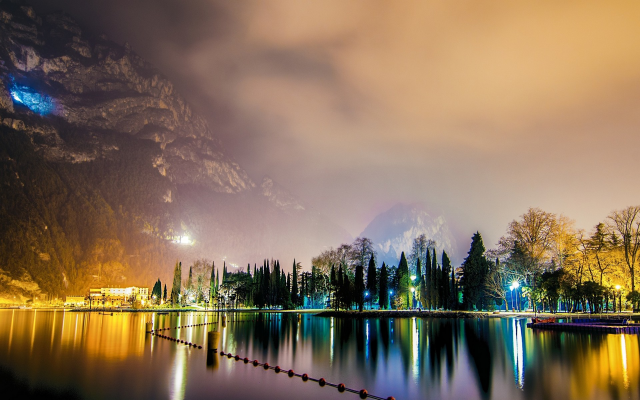 1920x1200 pix. Wallpaper lake garda, italy, night, landscape, nature, lights, mountains, lake, reflection