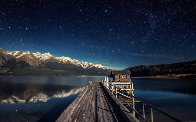 3840x2160 pix. Wallpaper pier, water, horizon, lake, mountains, night, stars, nature, landscape