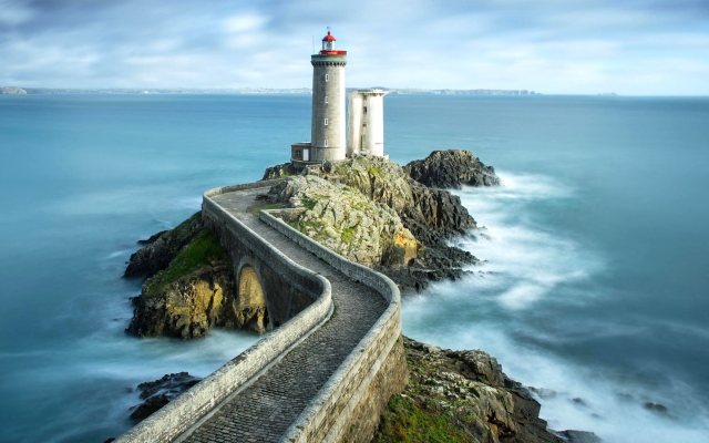 1920x1080 pix. Wallpaper lighthouse, France, bridge, rock, stones, waves, sea, nature, landscape