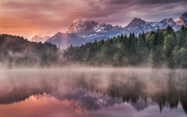 2200x1375 pix. Wallpaper Germany, lake, forest, fog, mist, mountains, snowy peak, sunrise, reflection, landscape, nature