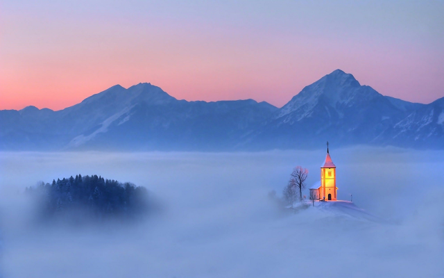 2560x1600 pix. Wallpaper slovania, church, sky, winter, mountains, clouds, fog, nature