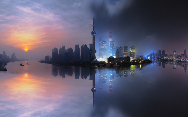 1920x1200 pix. Wallpaper Shanghai, China, city, cityscape, skyscrapers, sunset, tower, reflection