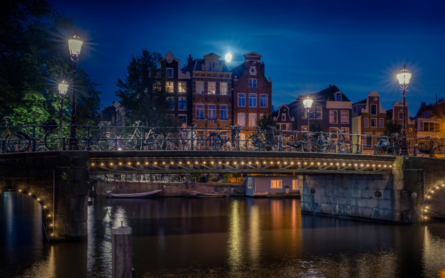 1920x1080 pix. Wallpaper Amsterdam, bridge, lights, canal, moon, building, house, urban, city, Netherlands
