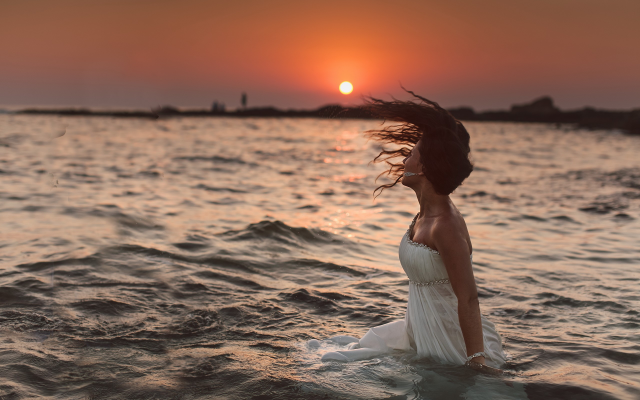 2560x1600 pix. Wallpaper sunset, sea, women, dress, hairs