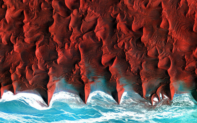 1920x1080 pix. Wallpaper desert, Namibia, nature, aerial view, satellite, sea, coast, Africa, dune
