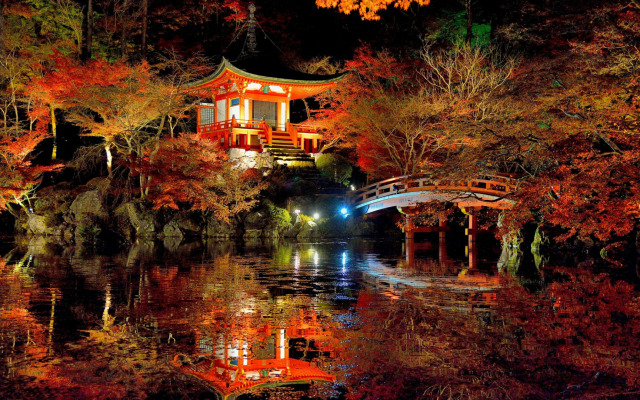 1920x1080 pix. Wallpaper tree, forest, leaves, autumn, Japan, bridge, night, asian architecture, lights, pond, nature