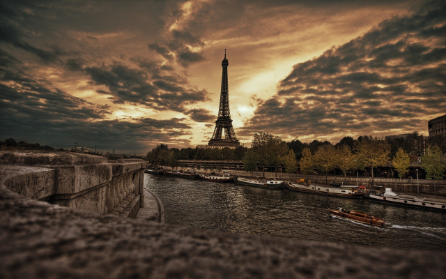 1920x1200 pix. Wallpaper Paris, France, Eiffel Tower, city, river, clouds, overcast, hdr