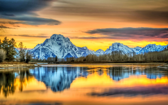 1920x1280 pix. Wallpaper mountains, river, sunset, Grand Teton National Park, reflection, sky, snowy peak, nature, landscape