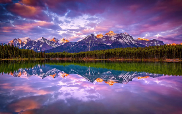 1920x1080 pix. Wallpaper Canada, sunrise, lake, mountains, forest, nature, landscape, reflections