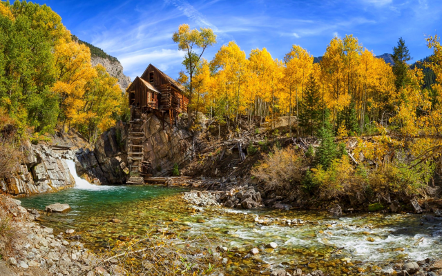 2048x1152 pix. Wallpaper Colorado, autumn, nature, mill, river, forest, tree