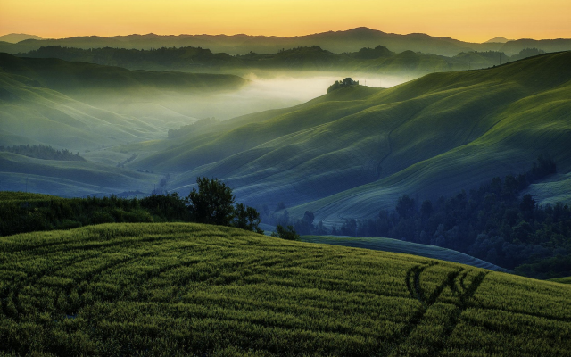 2100x1315 pix. Wallpaper hill, fog, grass, valley, spring, nature, landscape