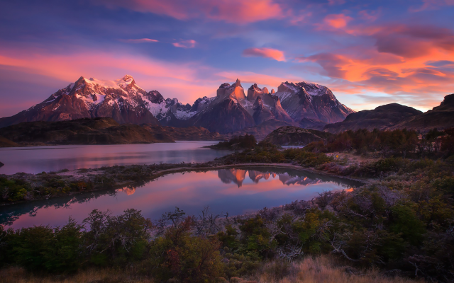2048x1251 pix. Wallpaper Torres del Paine, Chile, nature, landscapes, mountains, lakes, sunrise, shrubs, snowy peaks, clouds