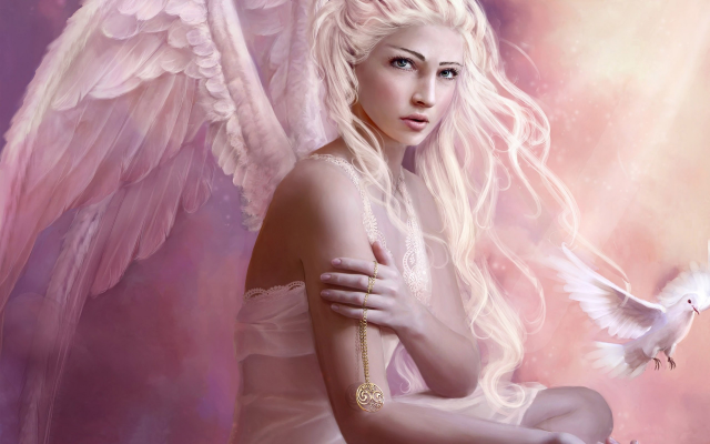 2560x1600 pix. Wallpaper angel, fantasy, art, wings, blonde, women, dove