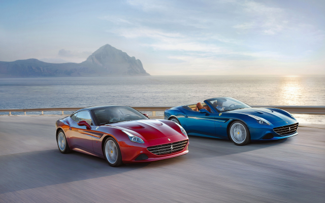 2560x1600 pix. Wallpaper Ferrari California T Convertible, road, sea, sunset, car, Ferrari California, Ferrari