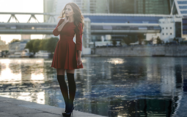 2048x1365 pix. Wallpaper red dress, women, river, black heels, high heels, black stockings