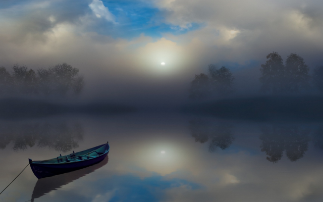 1920x1080 pix. Wallpaper fog, mist, calm, atmosphere, boat, lake, reflection, clouds, nature, landscape