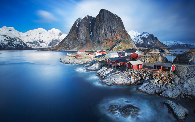 1920x1080 pix. Wallpaper Lofoten, Norway, fjord, snow, nature, landscape, mountain, tree, rock, water, sea, bay