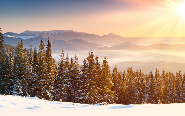 9301x4738 pix. Wallpaper sun rays, snow, snowy peaks, mountains, forests, winter, clear skies, mist