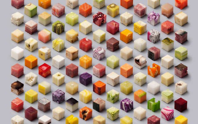 2600x2061 pix. Wallpaper food, cubes, fruit, meat, artwork, cheese, art
