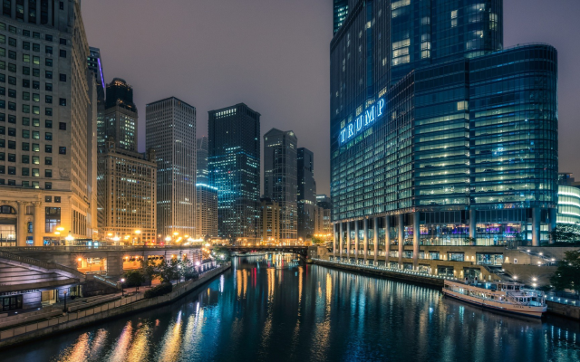 1920x1080 pix. Wallpaper chicago, USA, city, night, river, reflection, building