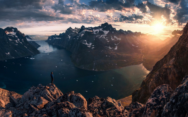 2103x1080 pix. Wallpaper Greenland, mountains, clouds, sunset, nature