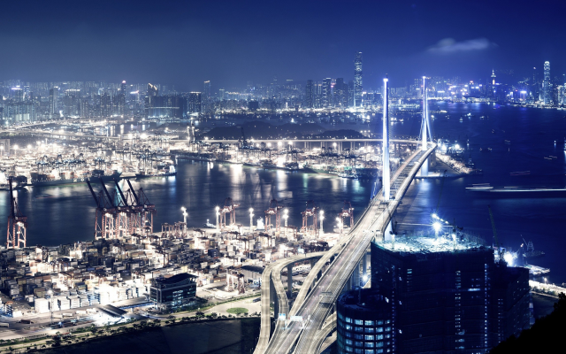2560x1440 pix. Wallpaper Hong Kong, Victoria Harbour, night, bridge, city