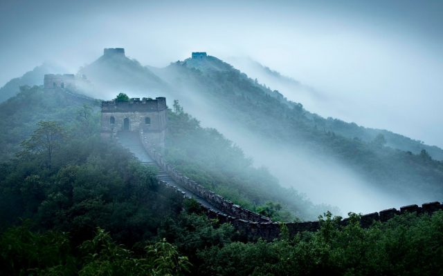 1920x888 pix. Wallpaper great wall of china, china, mountains, fog, forest