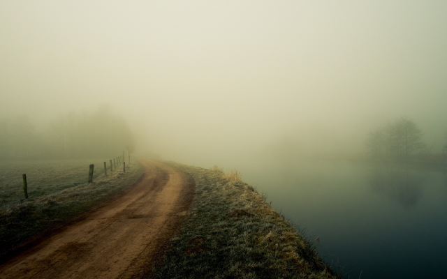 1920x1200 pix. Wallpaper nature, river, fog, mist, dirty road, grass, fence, frost